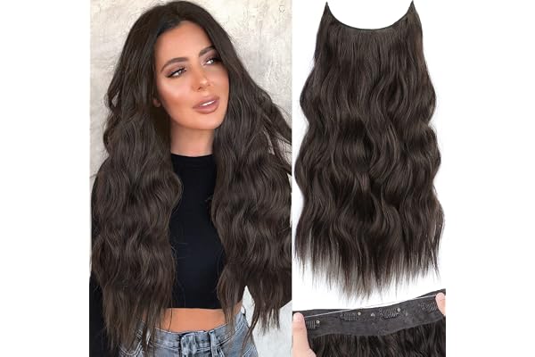 KooKaStyle Invisible Wire Hair Extensions with Transparent Wire Adjustable Size 4 Secure Clips Long Wavy Secret Hairpiece 20 